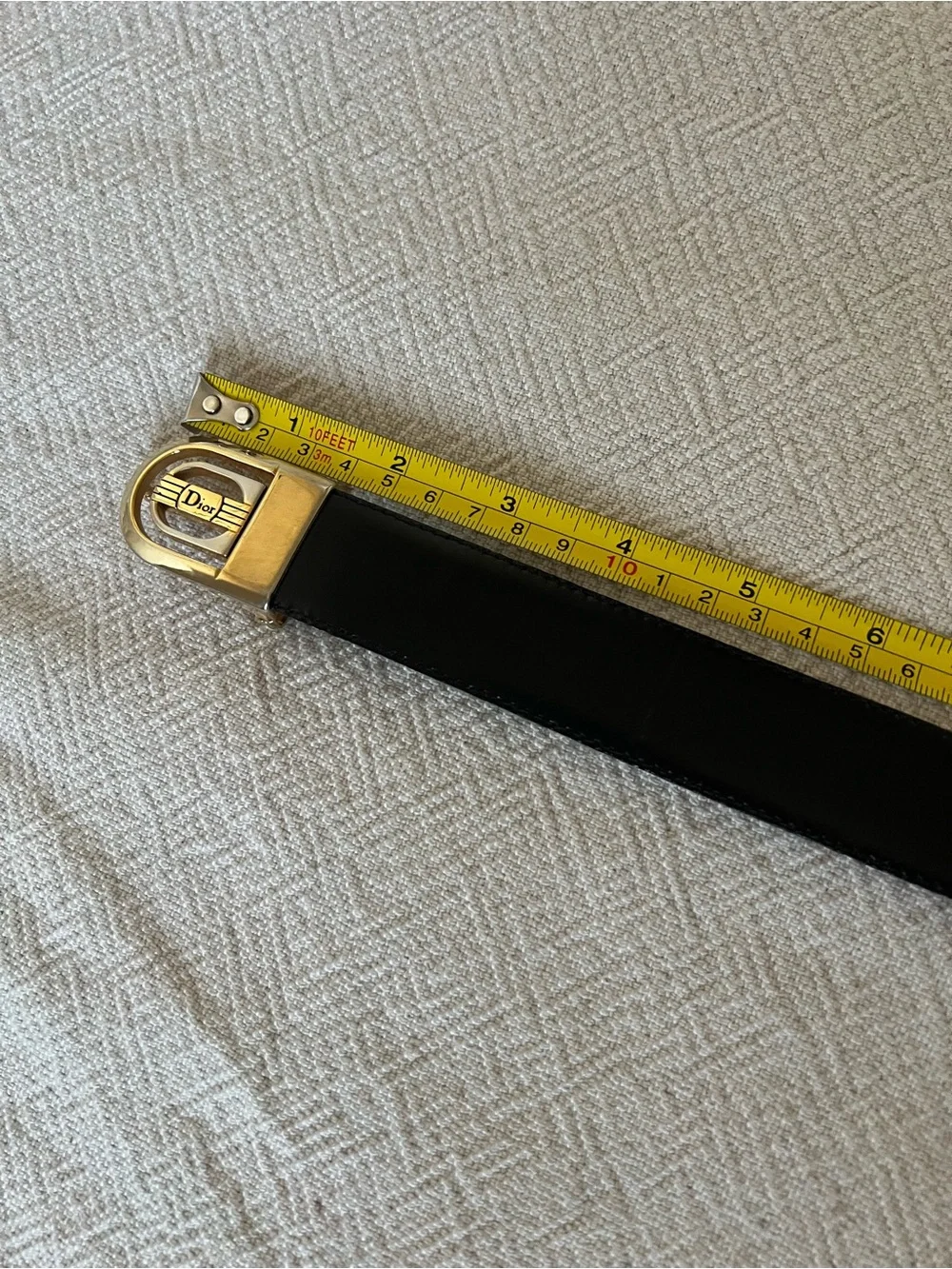 Vintage Christin Dior Black Leather Belt with Gold Silver Signature Buckle
